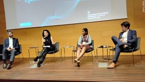 From the panel event “Public trust in science and navigating political tensions”. From left panellists Emilian Mihailov, Ruth Rodríguez and Anna Kuppuswamy. To the right moderator Scott Bremer.